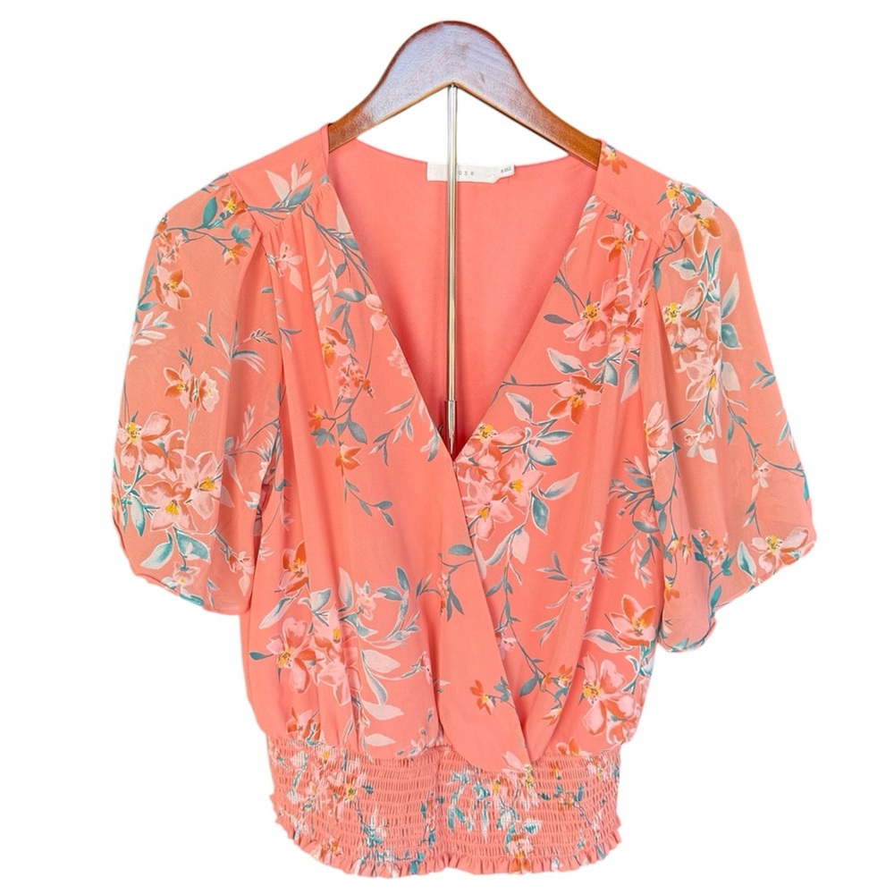 Lush Coral-Peach Floral Blouse V-Neck Smocked Waist Flowy Sleeves Size Small